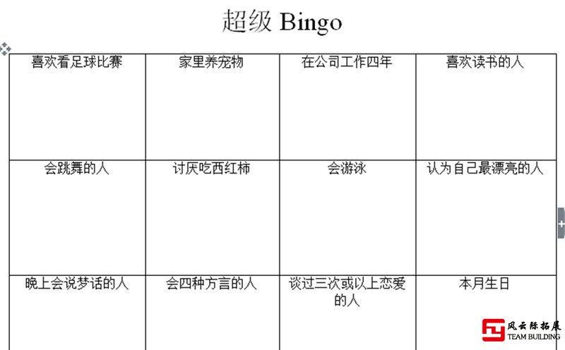 拓展训练项目 Bingo卡